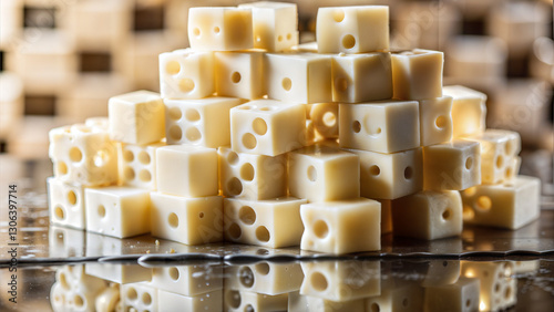 Pyramid of German Harzer cheese cubes with holes on a reflective surface in a playful food setting.Ideal for 