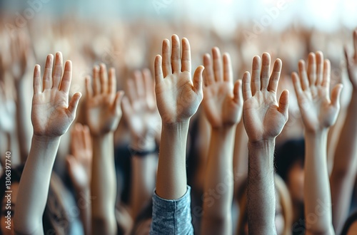 Multiple Hands Raised in a Crowd Signaling Unity and Participation