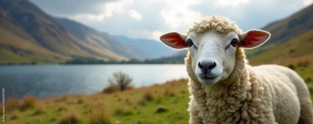 Fototapeta premium Curious sheep gaze intently at viewer, Lake District's scenic backdrop , ram, looking, landscape
