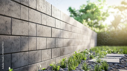 A modern, stylish concrete or brick low wall with sleek, designed for a contemporary residential space. a professional mason actively working, placing or adjusting the last few bricks or slabs.