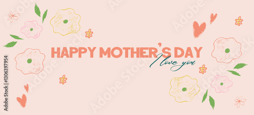 Trendy crayon Mother's Day in nude, beige color. Spring crayon flower for holiday design. Mother day design with chalk texture. Vector illustration template