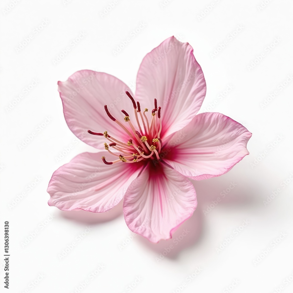 Elegant pink sakura flower isolated on white backdrop. Cherry blossom close-up with detailed stamen filaments. Blooming plant on clean background symbolizes spring, renewal, freshness, beauty. Elegant pink sakura flower isolated on white backdrop. Cherry blossom close-up with detailed stamen filaments. Blooming plant on clean background symbolizes spring, renewal, freshness, beauty.