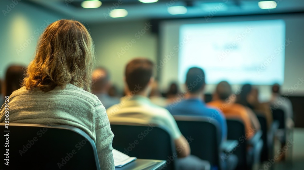 Fototapeta premium Attendees focused on a presentation in a well-lit conference room with a screen displaying content