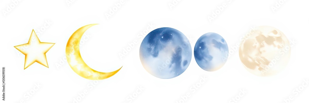 Obraz premium Watercolor Celestial Elements Star Crescent Moon Full Moon Phases
