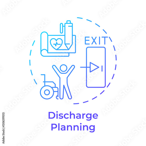 Discharge planning blue gradient concept icon. Patient leaving healthcare facility. Hospital bed management. Round shape line illustration. Abstract idea. Graphic design. Easy to use in brochure