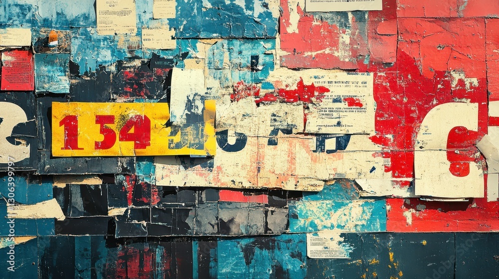 Fototapeta premium Vintage urban street art collage with peeling posters and bold colors