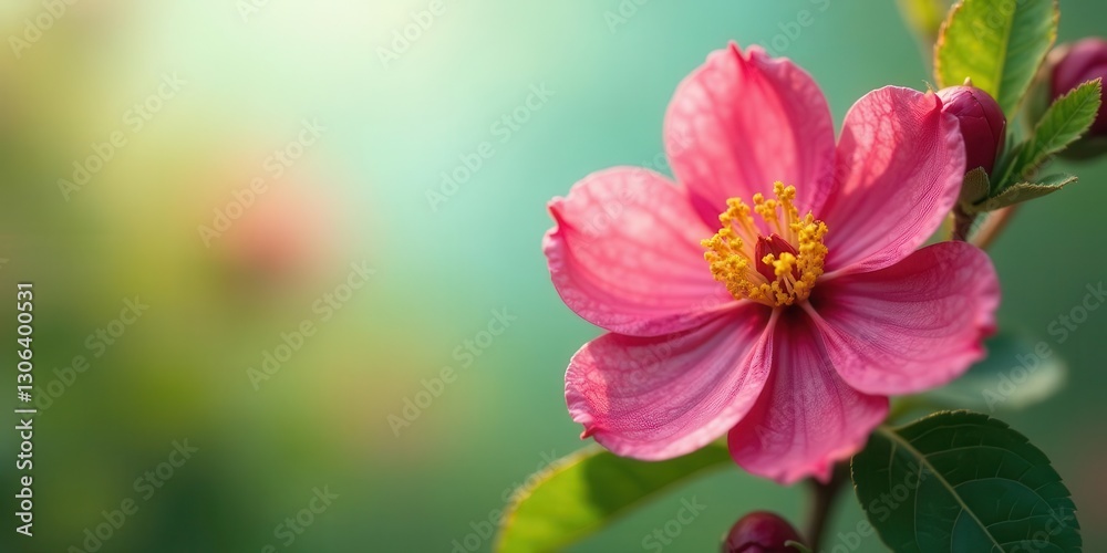 A Delicate Pink Blossom in Soft Sunlight, Showcasing Vibrant Petals and Golden Stamens, Nestled Amongst Lush Green Foliage A Delicate Pink Blossom in Soft Sunlight, Showcasing Vibrant Petals and Golden Stamens, Nestled Amongst Lush Green Foliage