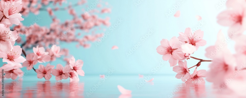 Fototapeta premium A serene scene featuring delicate pink cherry blossoms against a soft blue background, evoking tranquility and the beauty of nature.