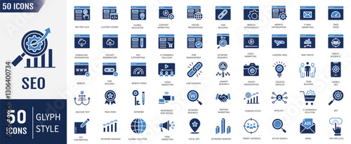 SEO (Search Engine Optimization) flat icon set. Containing as business and marketing, traffic, ranking, optimization, link, development, keyword, and more. Vector illustration