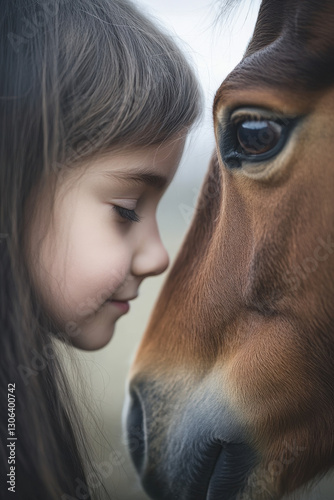 A beautiful bond between a little girl and a horse as they touch foreheads in an emotional connection.

