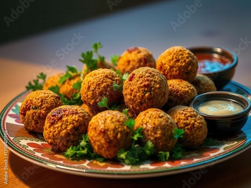Closeup of Falafel Balls with Dipping Sauces