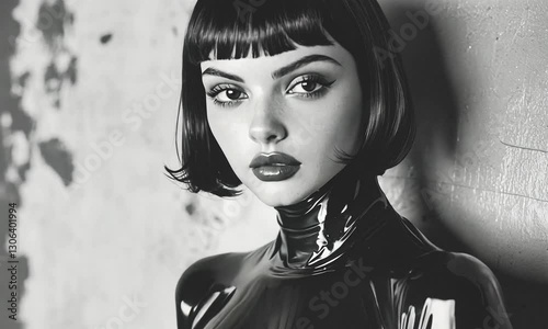 Portrait of a young woman in latex suit.