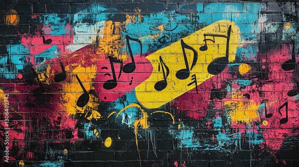 Fototapeta premium Colorful musical graffiti on urban brick wall with vibrant notes and abstract patterns