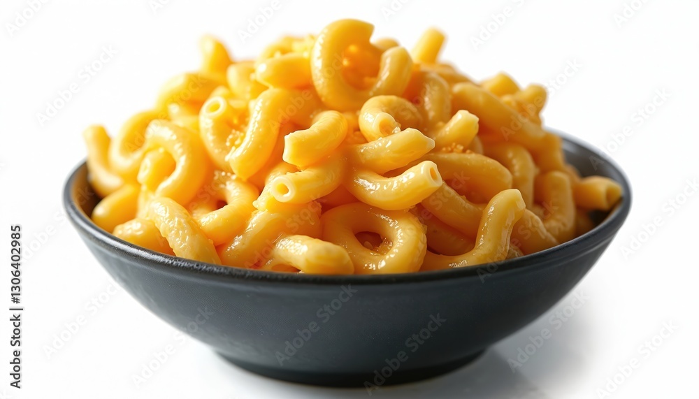 Mac and cheese in black bowl on white background. Homemade pasta dish with cheddar cheese sauce. Creamy baked macaroni meal, comfort food for kids and adults. Mac and cheese in black bowl on white background. Homemade pasta dish with cheddar cheese sauce. Creamy baked macaroni meal, comfort food for kids and adults.
