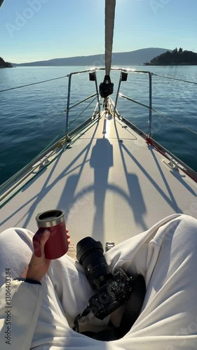 Woman hands holding thermo mug sitting on bow of the yacht during sailing in the morning in winter time in Adriatic sea, relaxation in yachting time