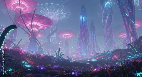 Futuristic Cityscape at Dusk Bio luminescent Trees and Cyberpunk Architecture