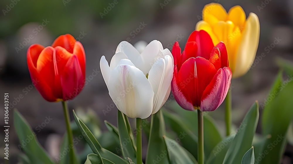 Fototapeta premium Vibrant Spring Tulips Closeup Red White Yellow Flowers