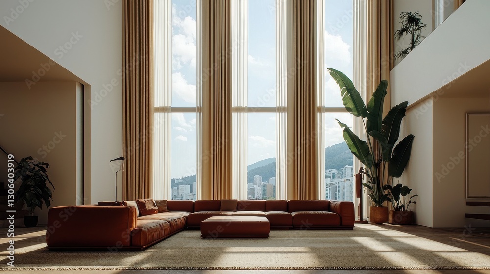 Fototapeta premium Modern Living Room with Large Windows and Scenic City View