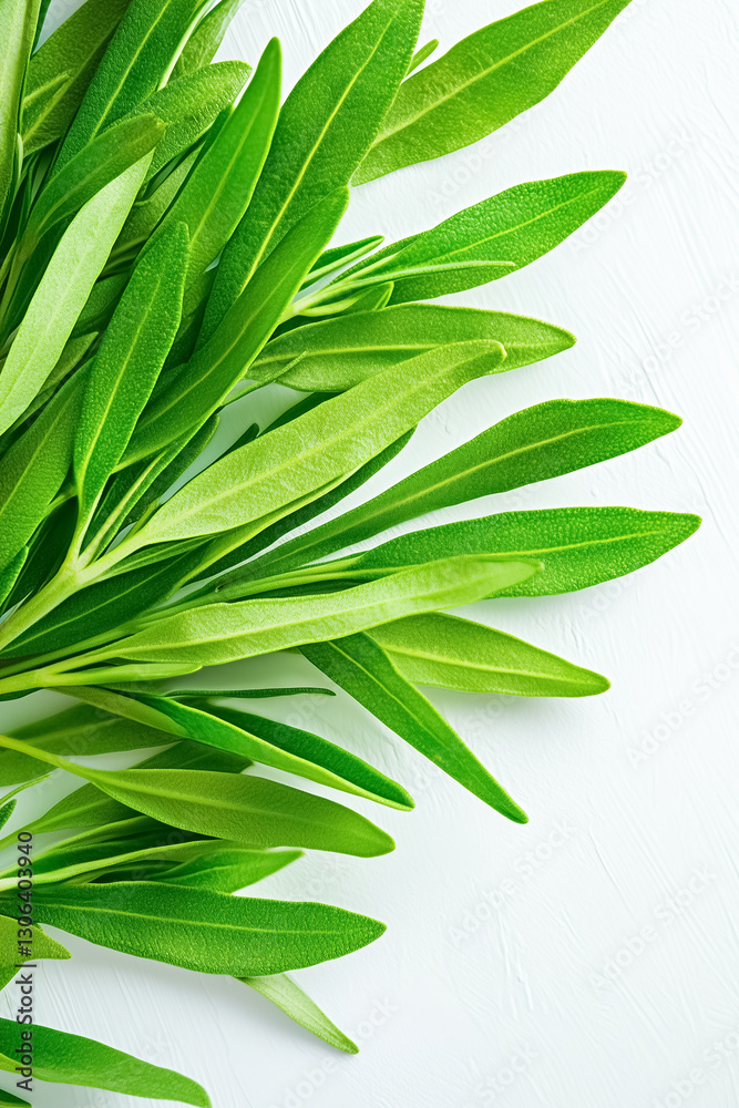 Fototapeta premium A stunning arrangement of fresh tarragon leaves showcases their elongated, slender forms and vibrant green hues. Ideal for culinary enthusiasts looking for natural beauty and flavor