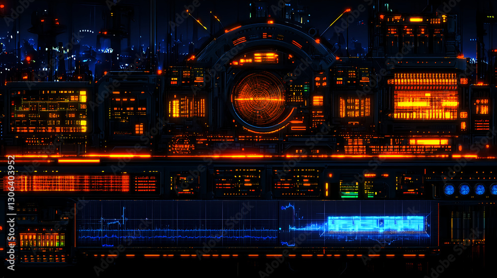Obraz premium Dynamic data visualization interface in a futuristic cityscape digital art cyber environment nighttime view