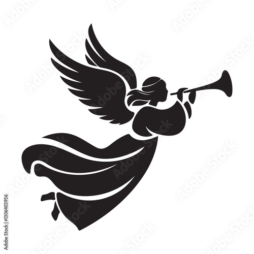 Angel Blowing Trumpet Silhouette Vector | Christmas Religious Icon | Black and White Illustration
