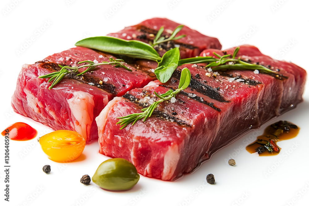Raw beef steak pieces display rich red hues, garnished with fresh herbs and vibrant grape tomatoes. The arrangement on a crisp white background emphasizes the quality and freshness of the ingredients Raw beef steak pieces display rich red hues, garnished with fresh herbs and vibrant grape tomatoes. The arrangement on a crisp white background emphasizes the quality and freshness of the ingredients
