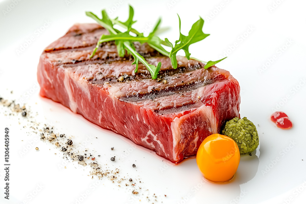 This beautifully arranged raw beef steak showcases rich textures and vibrant colors, accompanied by delicate garnishes on a pristine white plate, inviting culinary creativity and indulgence This beautifully arranged raw beef steak showcases rich textures and vibrant colors, accompanied by delicate garnishes on a pristine white plate, inviting culinary creativity and indulgence