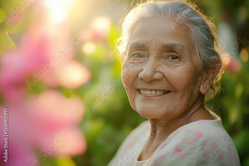 Obraz na płótnie Warm Smiles of Aging Gracefully: Portrait of Joy and Serenity in Golden Hour Light w salonie