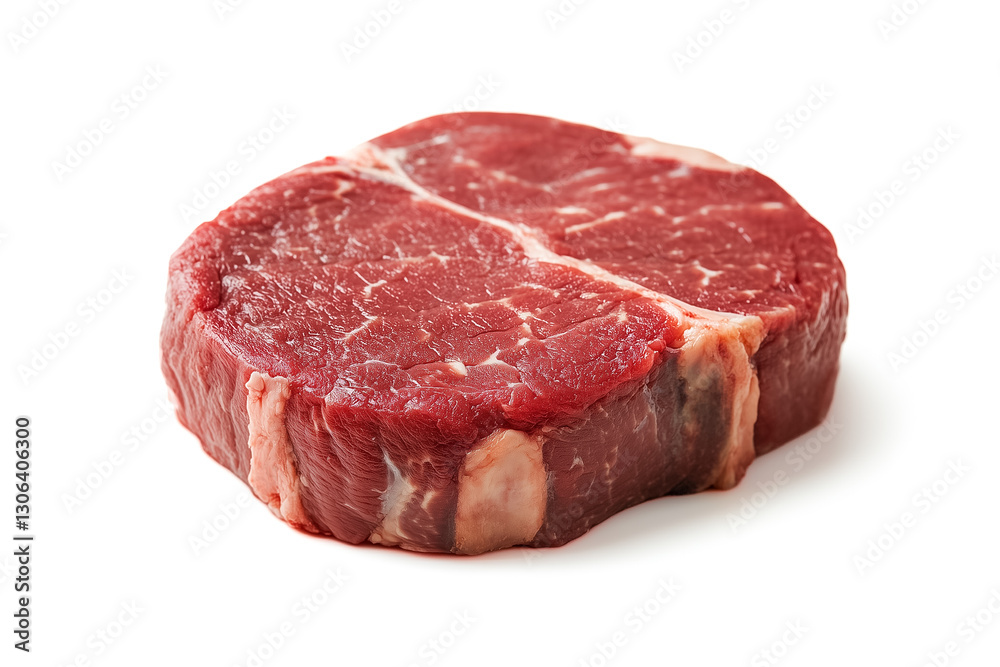 A beautifully presented raw lamb chop rests against a pure white background, highlighting the intricate marbling and vibrant red color of the meat. Ideal for gourmet cooking and meal preparation A beautifully presented raw lamb chop rests against a pure white background, highlighting the intricate marbling and vibrant red color of the meat. Ideal for gourmet cooking and meal preparation