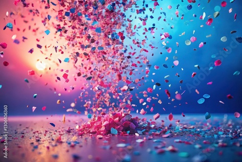 A vibrant explosion of colorful confetti against a sunset backdrop, celebrating joyous moments and festive spirit