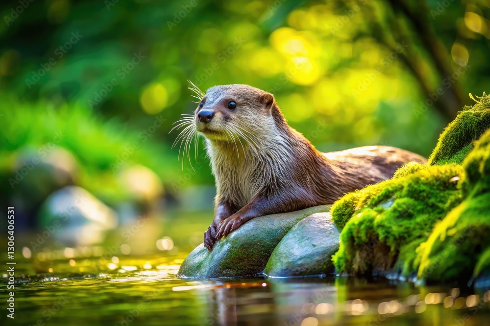 Fototapeta premium Eurasian Otter Rock Resting - Wildlife Photography, Nature Image, River Otter, Lutra Lutra, Wild Animal, British Wildlife, Mammal Photography