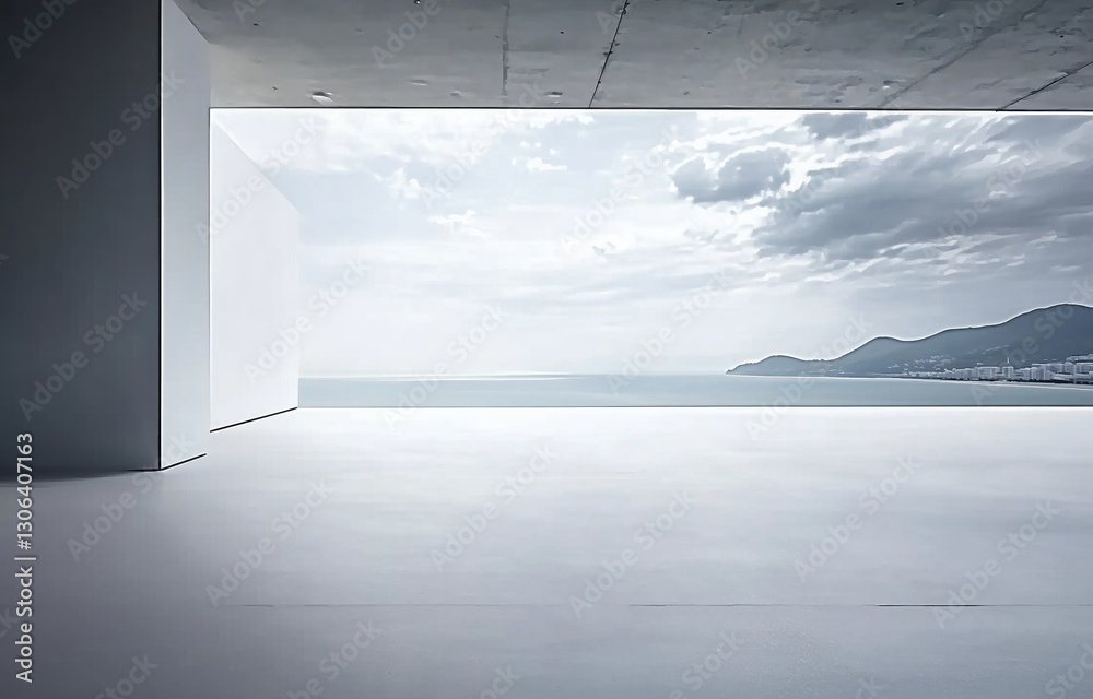 Minimalist Open Space with Ocean View and Soft Natural Light Creating a Serene Ambiance Minimalist Open Space with Ocean View and Soft Natural Light Creating a Serene Ambiance