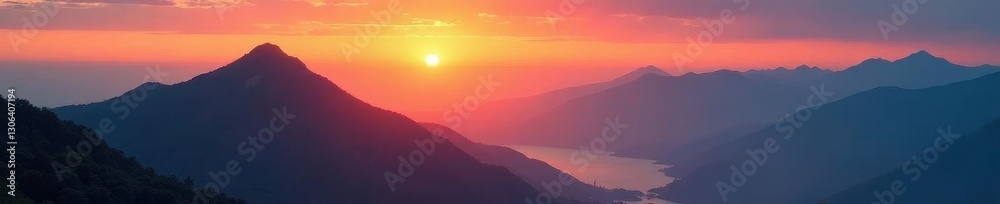 Sunrise over mountain peak, mist-shrouded valley, landscape, outdoor Sunrise over mountain peak, mist-shrouded valley, landscape, outdoor