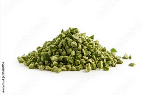 A captivating collection of whole oregano leaves is artfully arranged in a lush green mound against a pristine white backdrop