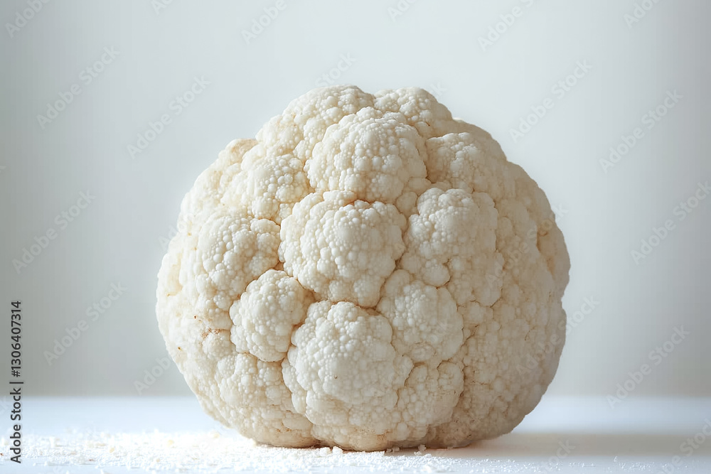 The pristine beauty of a whole white cauliflower is highlighted against a white backdrop, showcasing its unique texture and subtle curves under studio lighting The pristine beauty of a whole white cauliflower is highlighted against a white backdrop, showcasing its unique texture and subtle curves under studio lighting