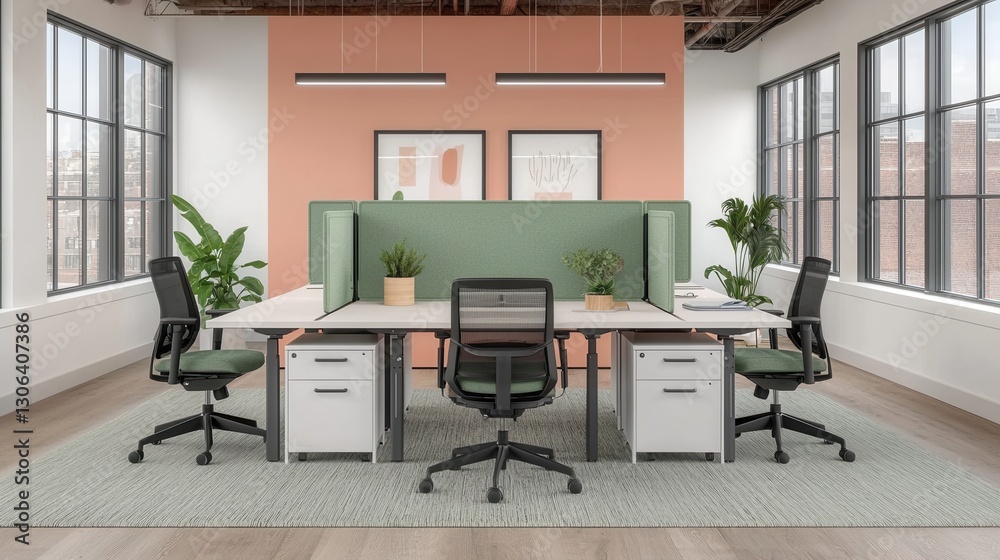 Fototapeta premium Modern Office Workspace with Green Partition and Natural Light Design