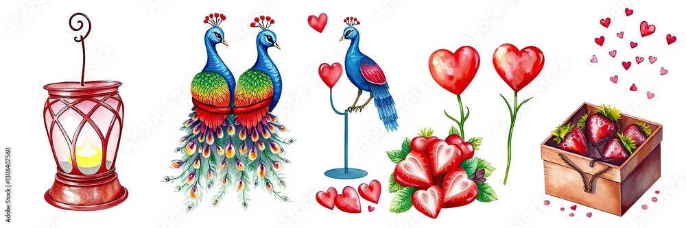Obraz premium Romantic Valentine s Day Illustration Peacocks Hearts Strawberries Lantern