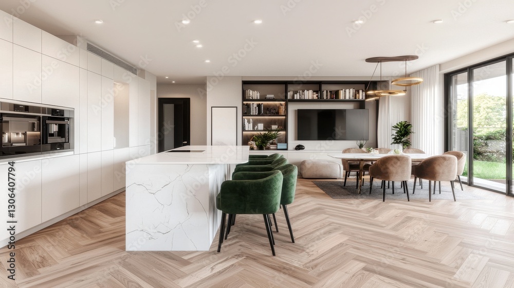Fototapeta premium Modern minimalist kitchen and dining area with sleek furniture design