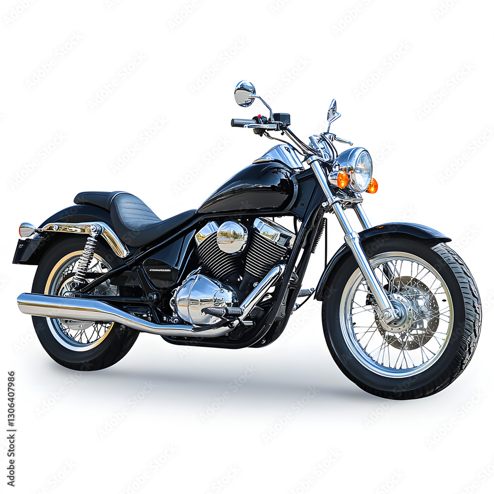 A stunning black cruiser motorcycle, gleaming chrome, powerful engine, and classic design. 3d Transportation isolated in white background. Sleek Black Cruiser Motorcycle A stunning black cruiser motorcycle, gleaming chrome, powerful engine, and classic design. 3d Transportation isolated in white background. Sleek Black Cruiser Motorcycle