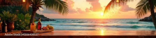 Tropical beach bar countertop; palm leaves, sand, ocean, sunset, counter, island