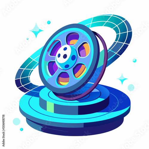 futuristic hologram of a spinning movie reel