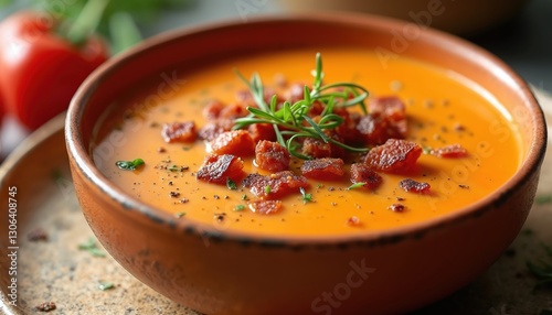 Roasted red pepper cream soup with crispy bacon bits in bowl. Healthy vegetable tomato meal, hot lunch. Dish decorated rosemary for gourmet, restaurant menu background.