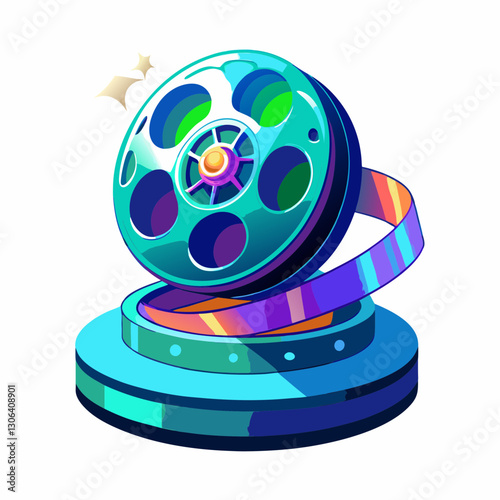 futuristic hologram of a spinning movie reel