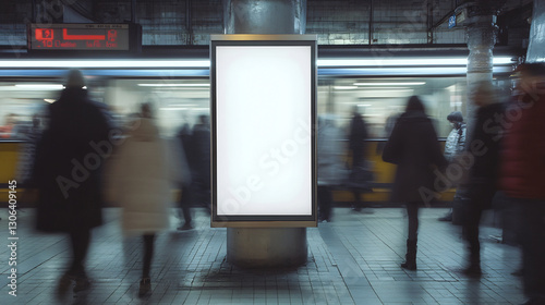 Wallpaper Mural Blank vertical poster mockup with a glowing frame mounted on a pillar in a busy subway station. Motion-blurred commuters and a moving train create a dynamic urban atmosphere. Ideal for advertising Torontodigital.ca