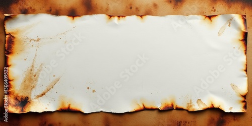 Burnt parchment with irregular edges and dark brown singes on white background, singes, background photo