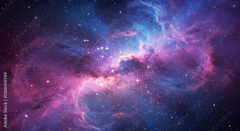 Obraz premium Cosmic Dance of Nebulae: A breathtaking view of a vibrant, multi-colored nebula in the vast expanse of outer space, showcasing swirling clouds of gas and dust illuminated by distant stars.