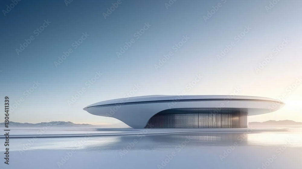 Modern Futuristic Architecture Structure Overlooking Serene Landscape at Dusk with Soft Lighting Modern Futuristic Architecture Structure Overlooking Serene Landscape at Dusk with Soft Lighting