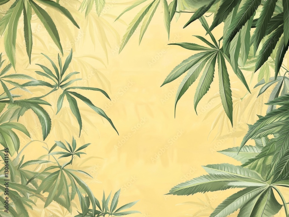 Obraz premium yellow background with a lot fresh cannabis leaves - ai