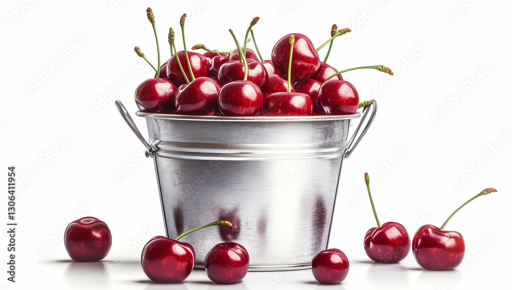 stainless steel bucket filled with fresh cherries on a white background