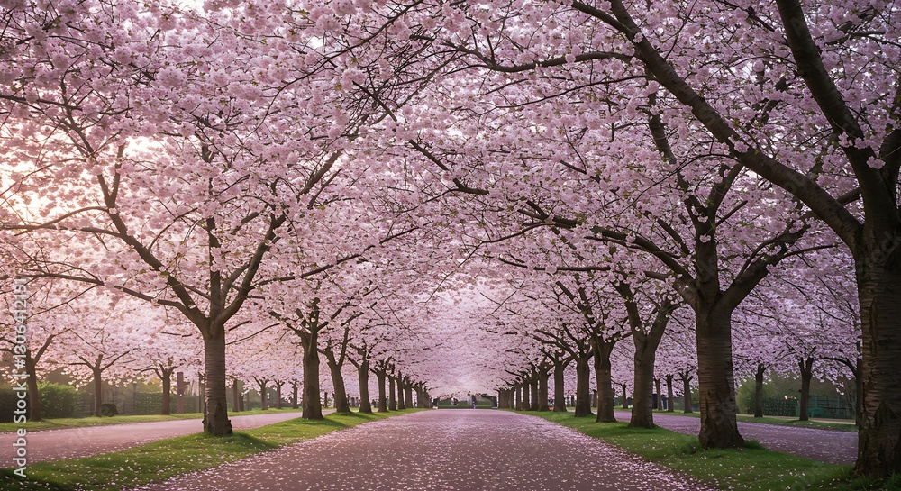 Naklejka premium Aesthetic cherry blossom trees in full bloom with petals floating in the air
